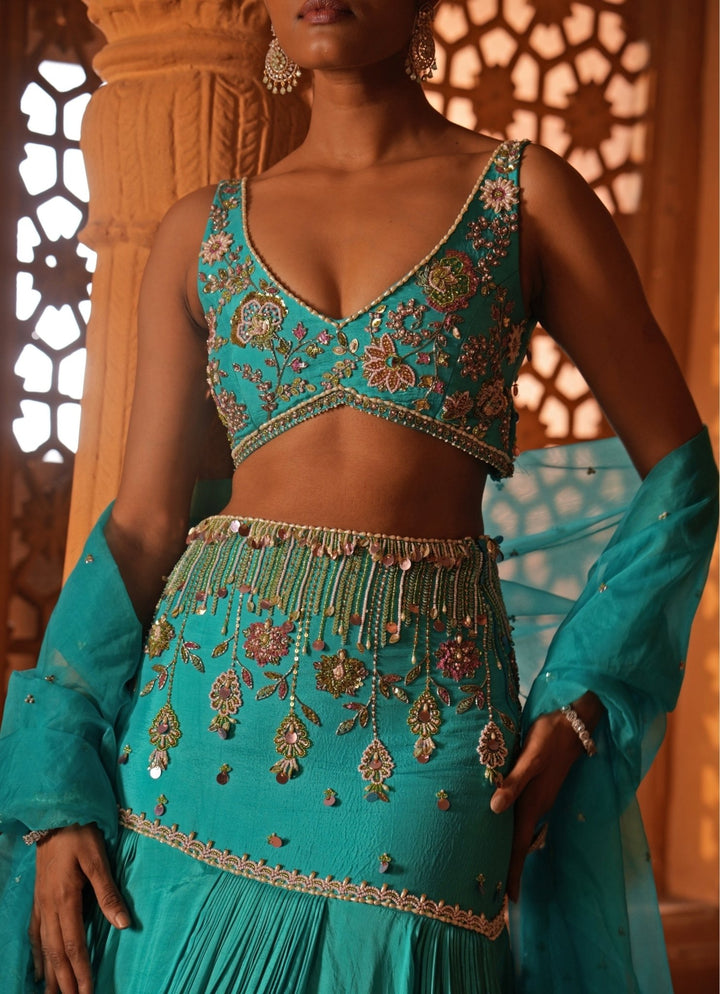 Blue Embroidered Silk Mermaid Lehenga Enamour by Radha - Fabilicious Fashion
