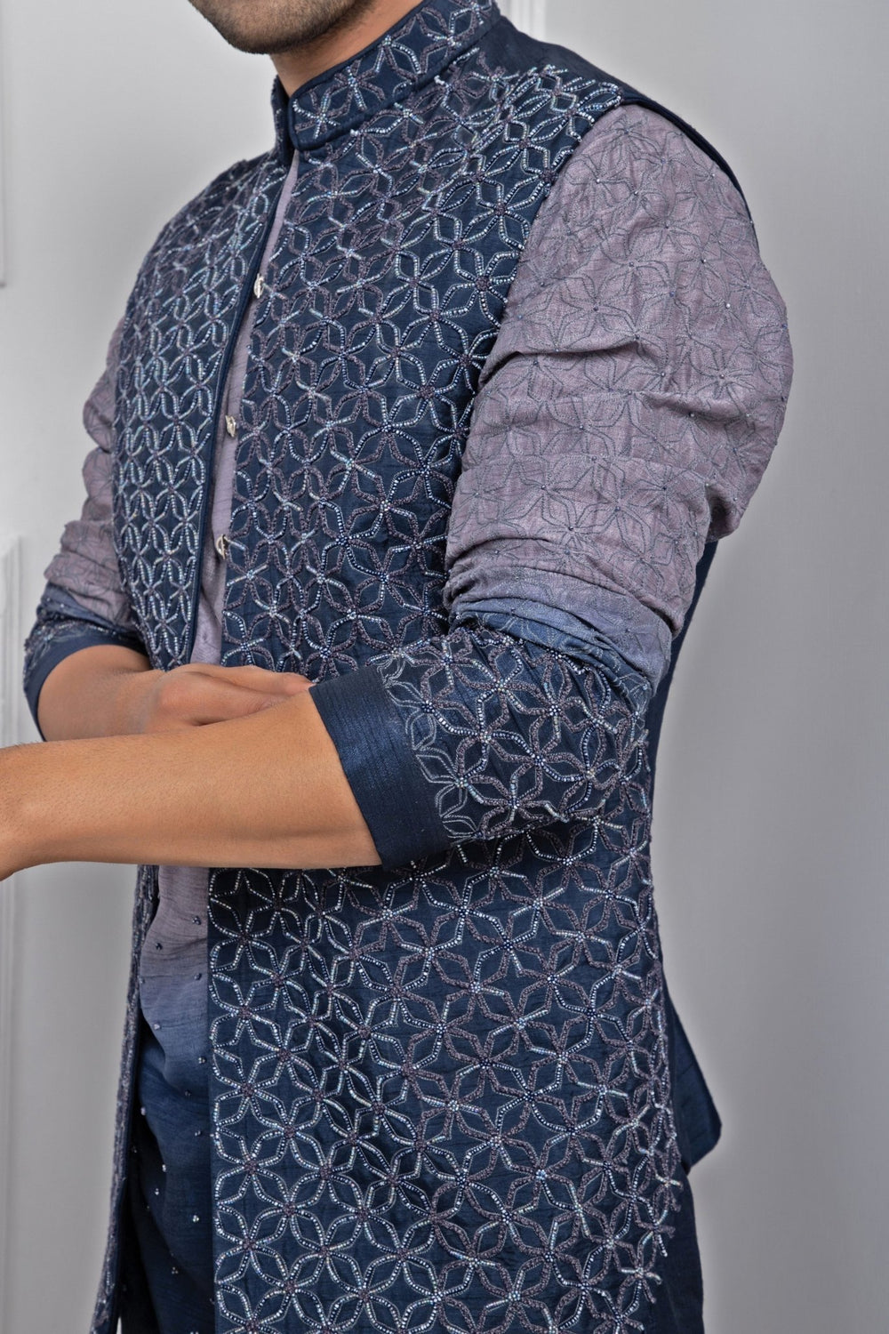 Blue Embroidered Silk Nehru Jacket Smriti - Fabilicious Fashion