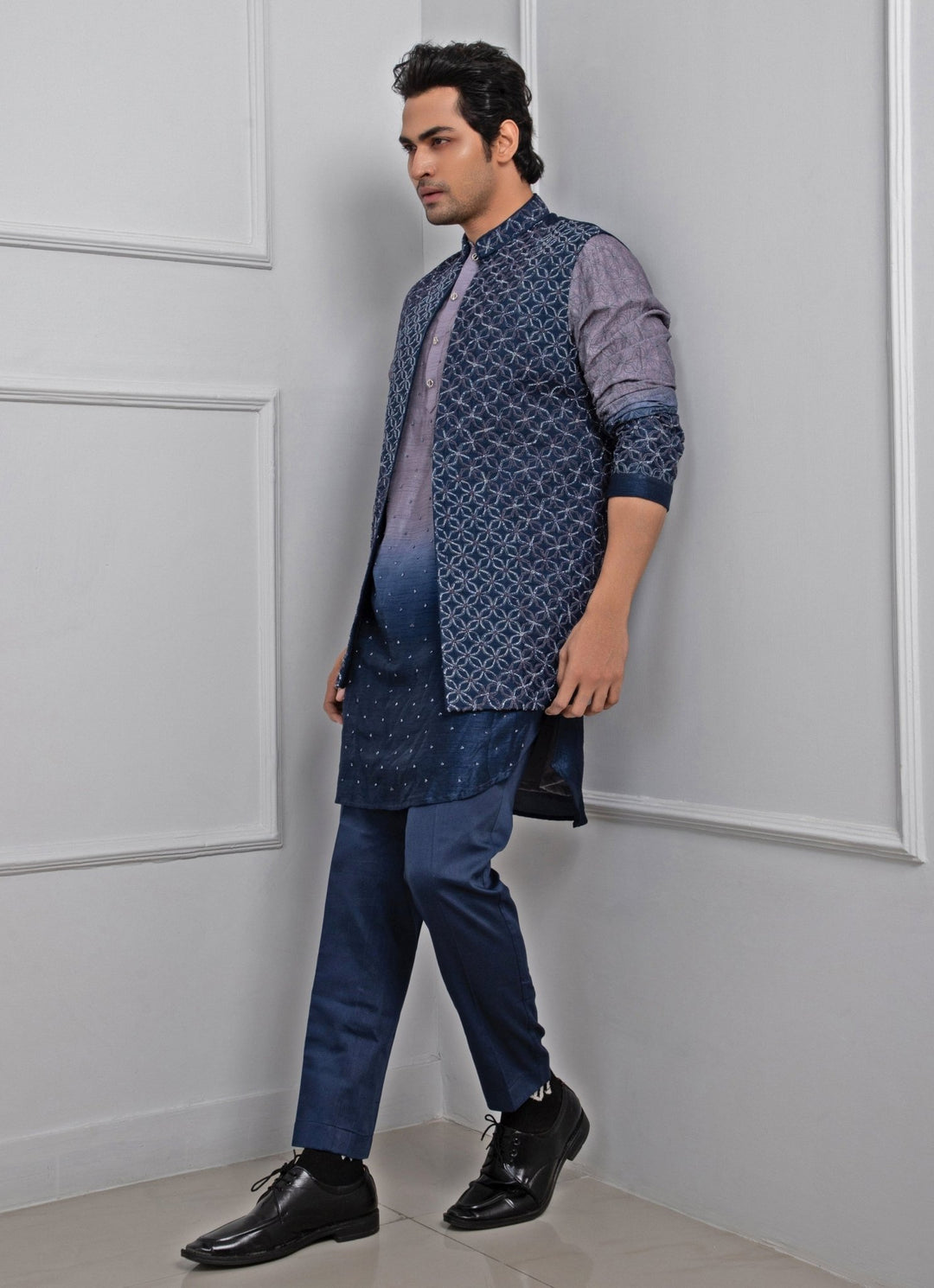 Blue Embroidered Silk Nehru Jacket Smriti - Fabilicious Fashion