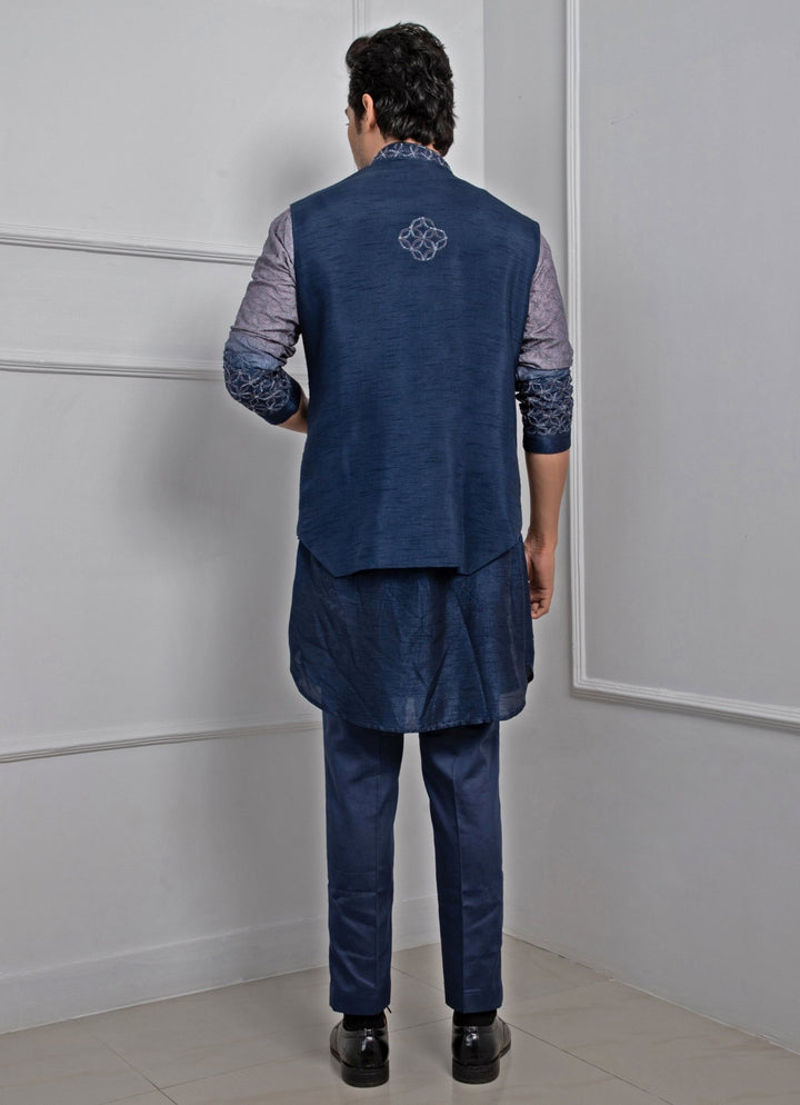Blue Embroidered Silk Nehru Jacket Smriti - Fabilicious Fashion
