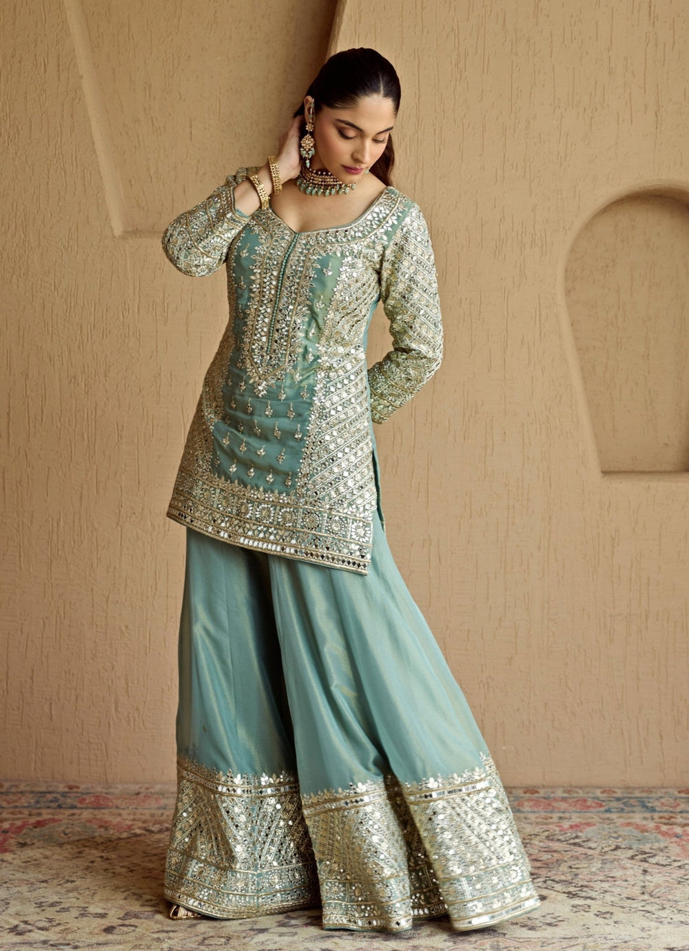 Blue Embroidered Tissue Kurta Sharara Set Suhino - Fabilicious Fashion