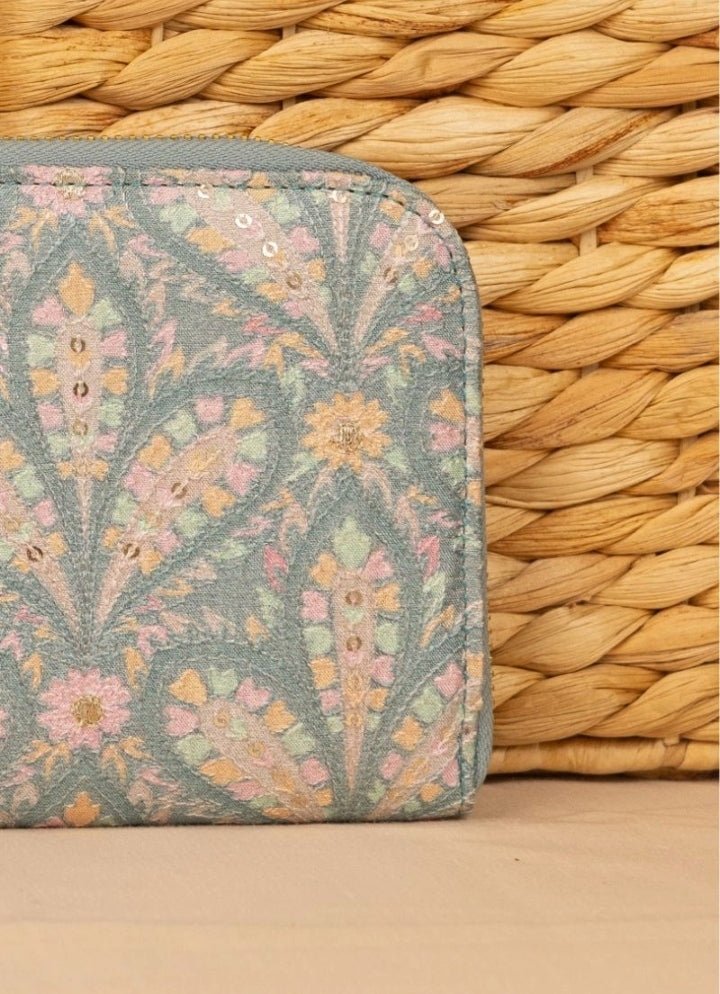 Blue Embroidered Zip Wallet AMYRA - Fabilicious Fashion