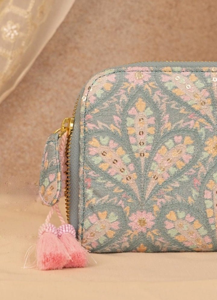 Blue Embroidered Zip Wallet AMYRA - Fabilicious Fashion