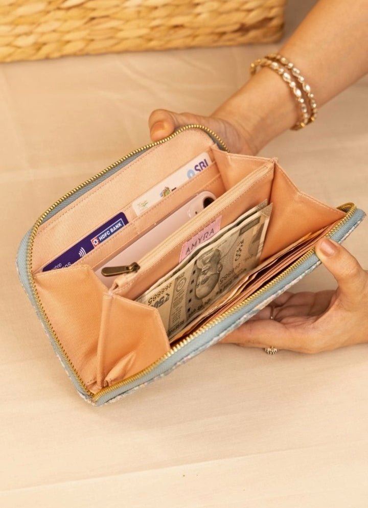 Blue Embroidered Zip Wallet AMYRA - Fabilicious Fashion