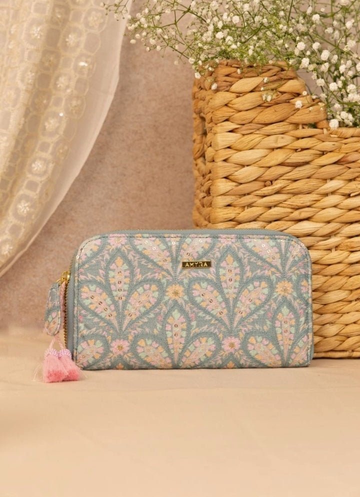 Blue Embroidered Zip Wallet AMYRA - Fabilicious Fashion