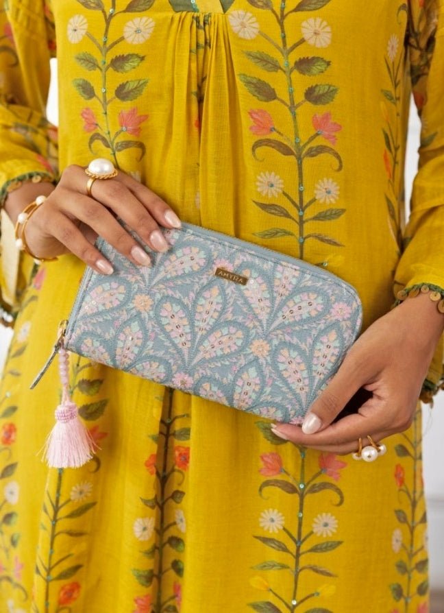 Blue Embroidered Zip Wallet AMYRA - Fabilicious Fashion