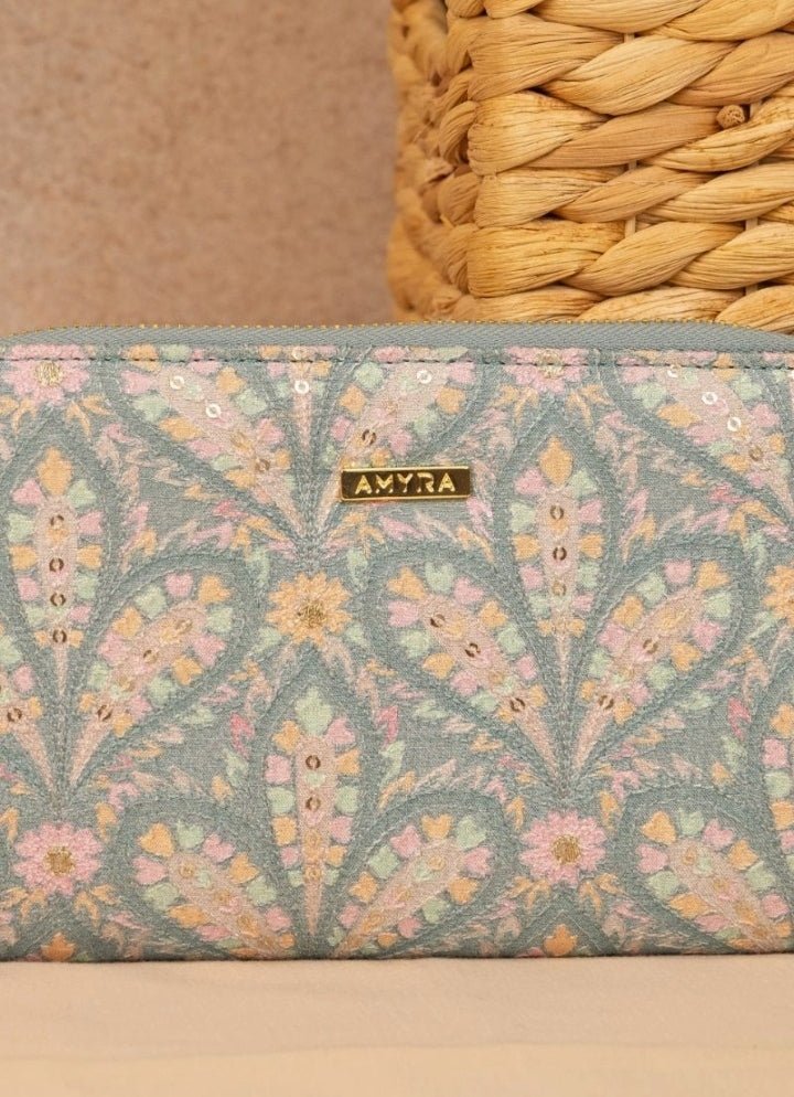 Blue Embroidered Zip Wallet AMYRA - Fabilicious Fashion