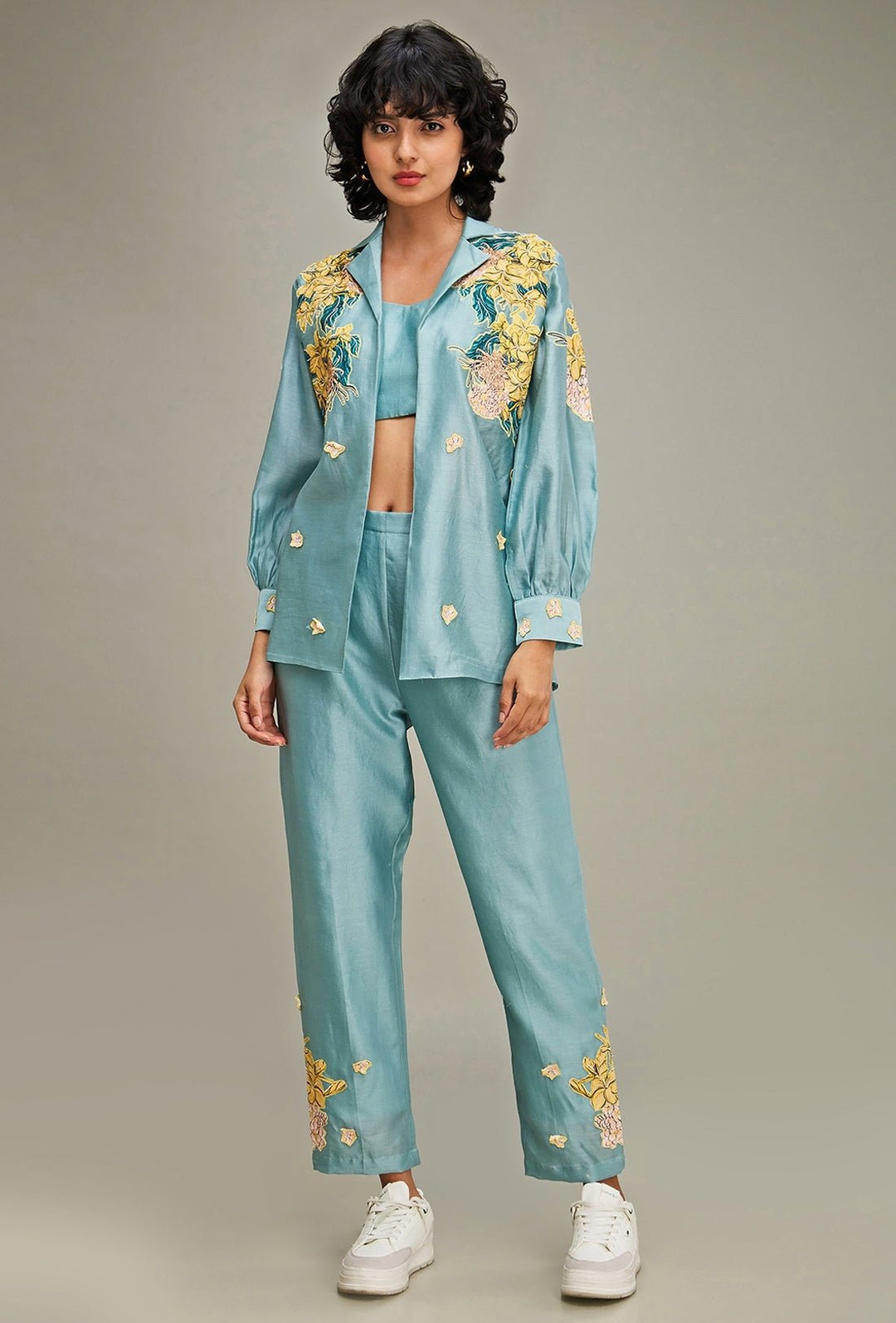 Blue Floral Applique And Embroidered Chanderi Pant Set With Jacket Soup By Sougat Paul - Fabilicious Fashion