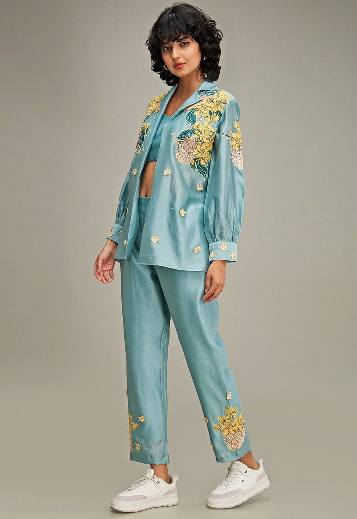 Blue Floral Applique And Embroidered Chanderi Pant Set With Jacket Soup By Sougat Paul - Fabilicious Fashion