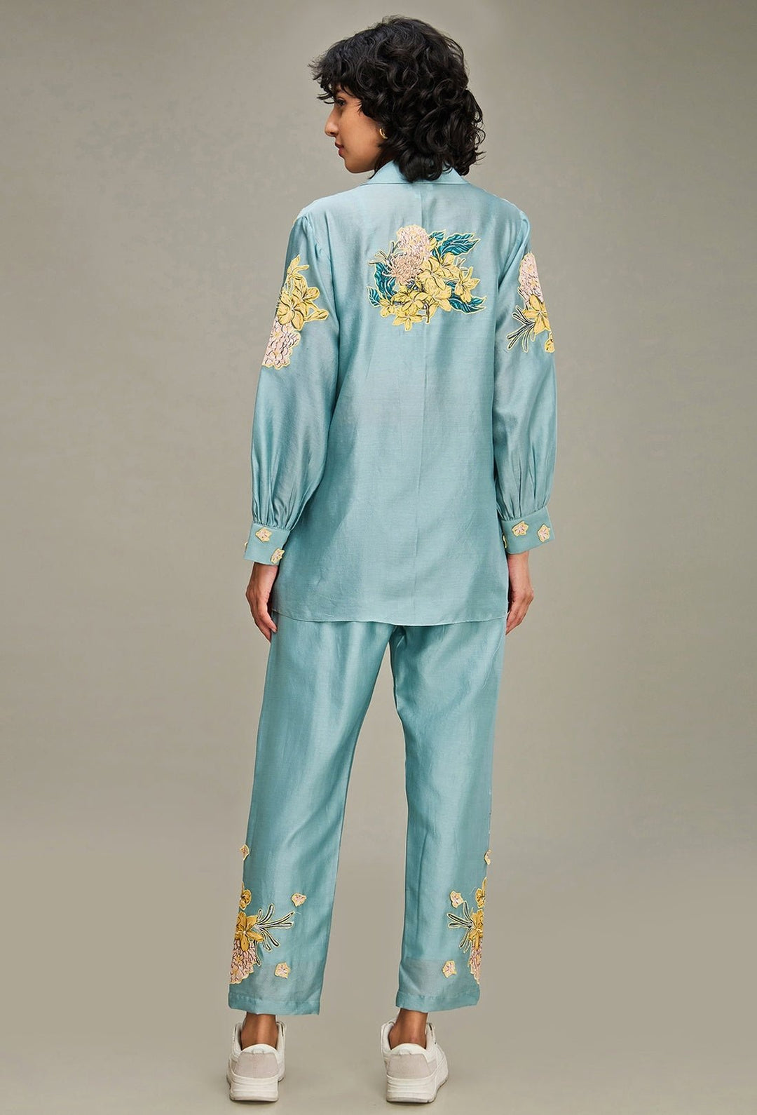 Blue Floral Applique And Embroidered Chanderi Pant Set With Jacket Soup By Sougat Paul - Fabilicious Fashion