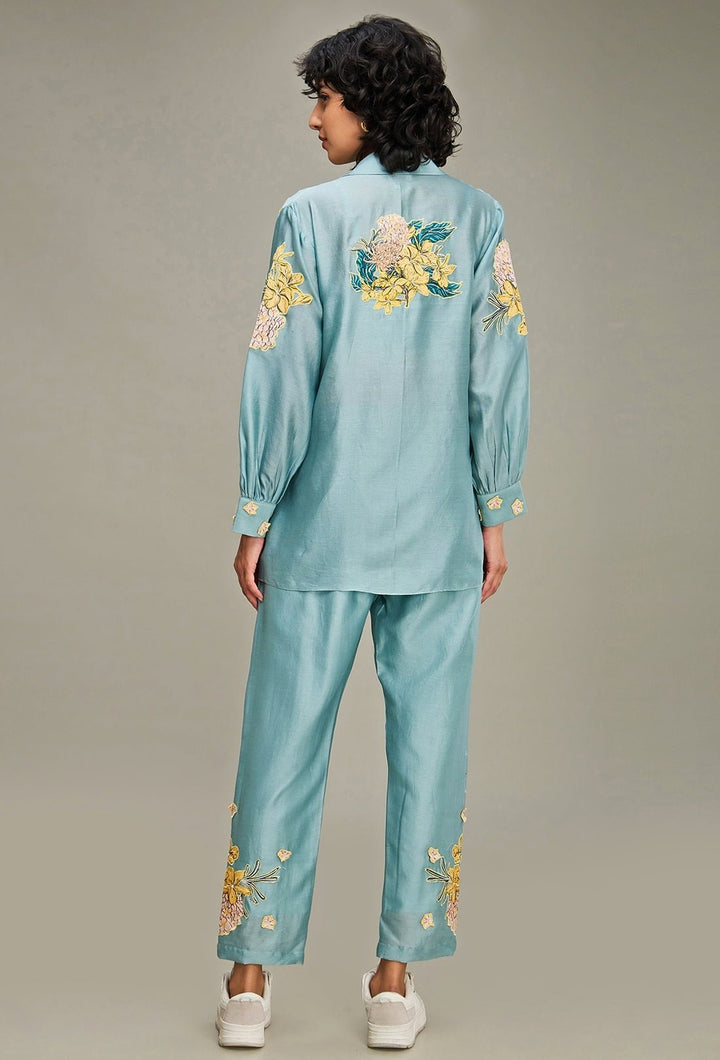 Blue Floral Applique And Embroidered Chanderi Pant Set With Jacket Soup By Sougat Paul - Fabilicious Fashion