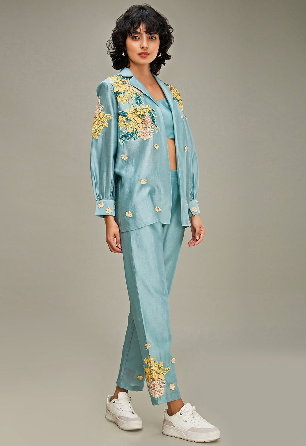 Blue Floral Applique And Embroidered Chanderi Pant Set With Jacket Soup By Sougat Paul - Fabilicious Fashion