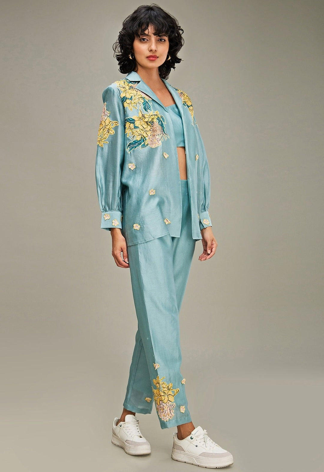 Blue Floral Applique And Embroidered Chanderi Pant Set With Jacket Soup By Sougat Paul - Fabilicious Fashion