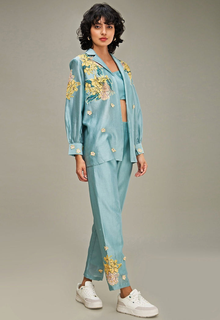 Blue Floral Applique And Embroidered Chanderi Pant Set With Jacket Soup By Sougat Paul - Fabilicious Fashion