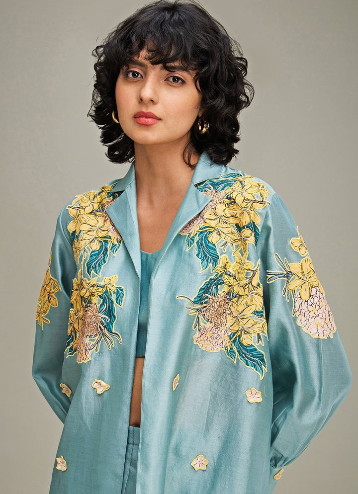 Blue Floral Applique And Embroidered Chanderi Pant Set With Jacket Soup By Sougat Paul - Fabilicious Fashion