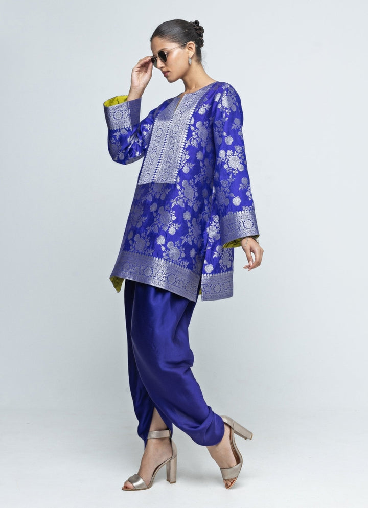 Blue Floral Brocade Jaal Silk Kurta Dhoti Set Sobariko - Fabilicious Fashion