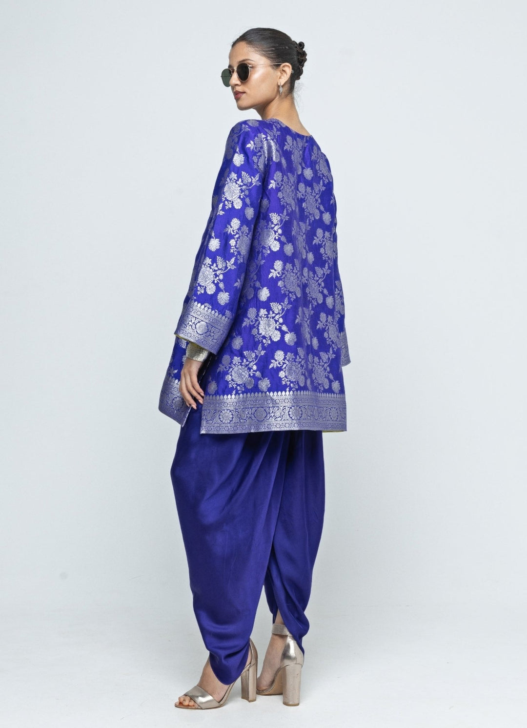 Blue Floral Brocade Jaal Silk Kurta Dhoti Set Sobariko - Fabilicious Fashion