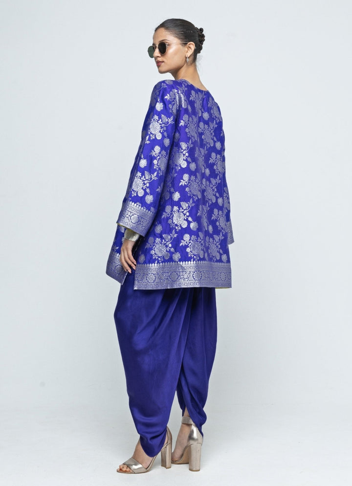 Blue Floral Brocade Jaal Silk Kurta Dhoti Set Sobariko - Fabilicious Fashion