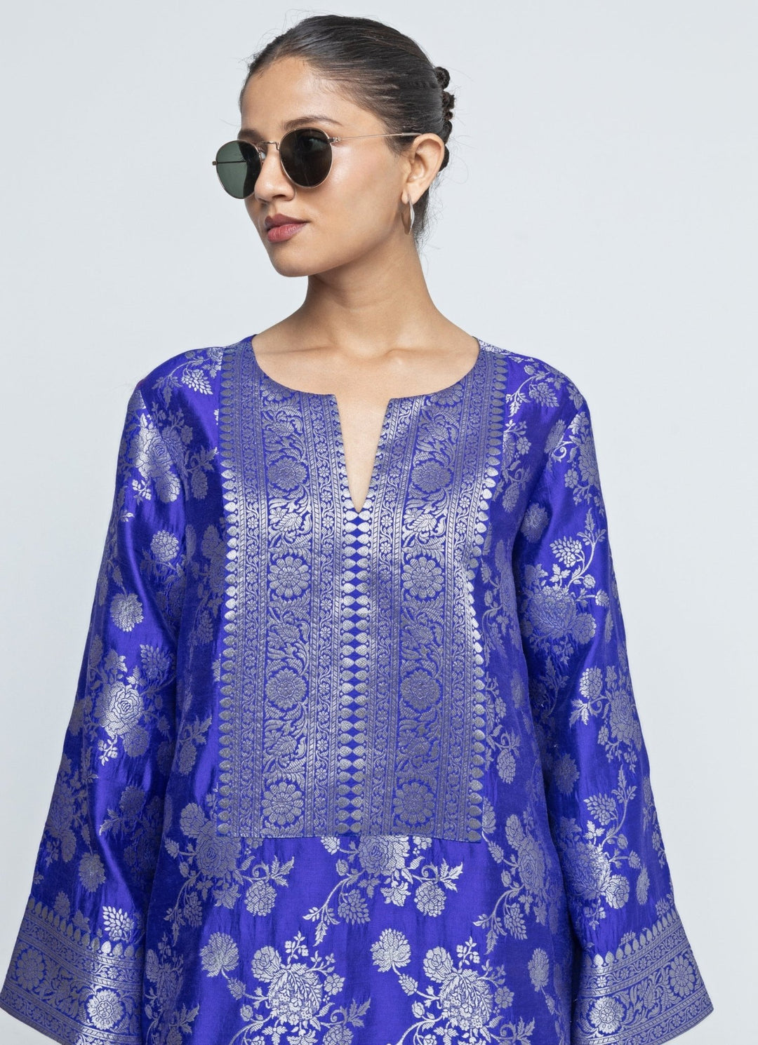 Blue Floral Brocade Jaal Silk Kurta Dhoti Set Sobariko - Fabilicious Fashion