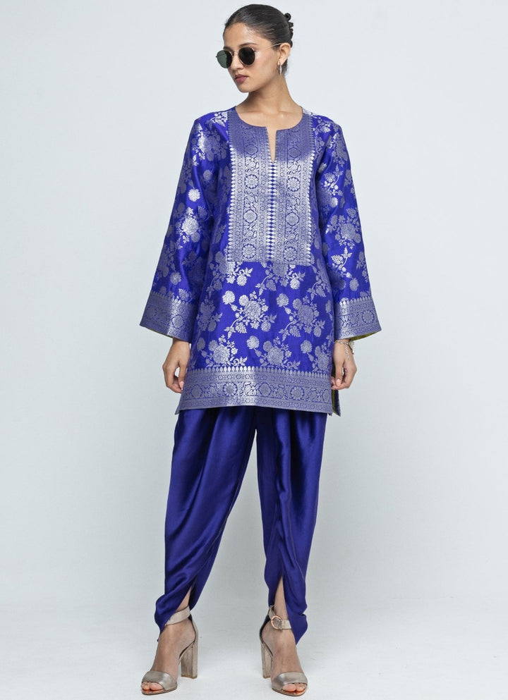 Blue Floral Brocade Jaal Silk Kurta Dhoti Set Sobariko - Fabilicious Fashion