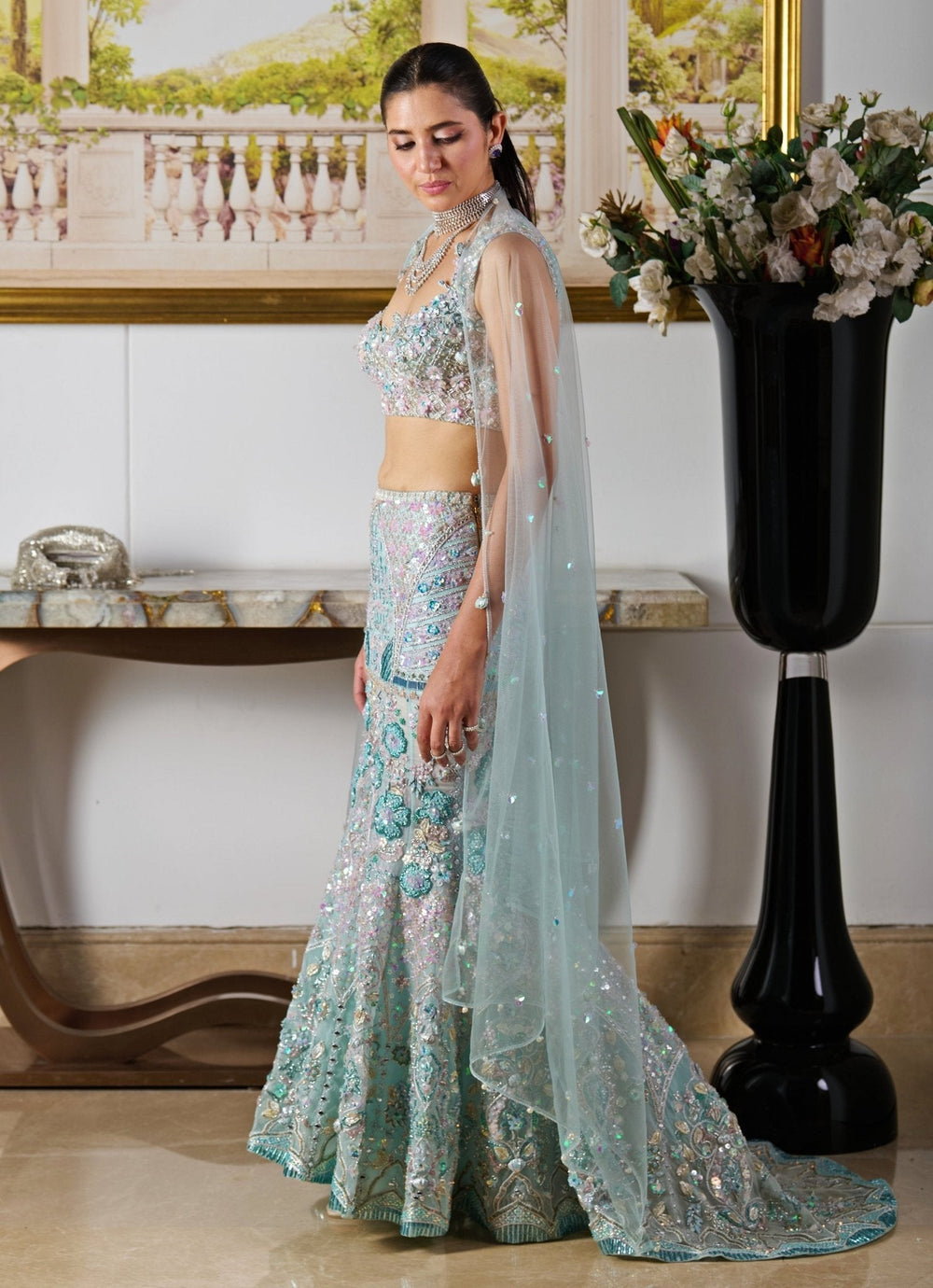 Blue Floral Embroidered Mermaid Lehenga Moledro - Fabilicious Fashion