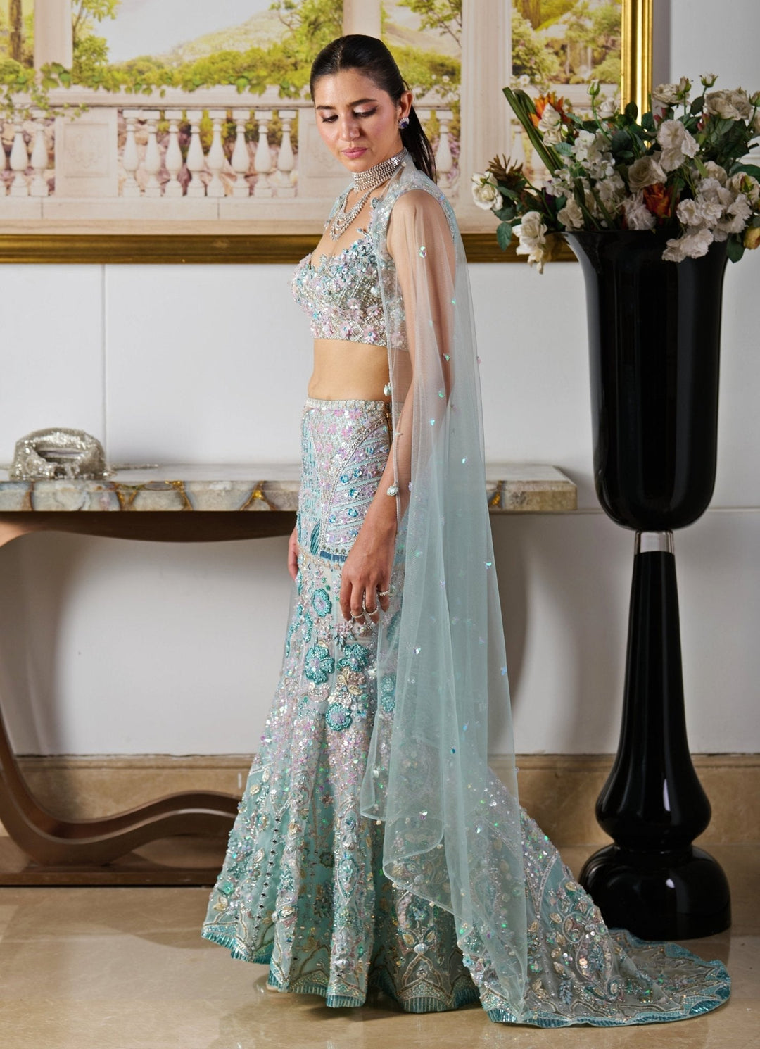 Blue Floral Embroidered Mermaid Lehenga Moledro - Fabilicious Fashion