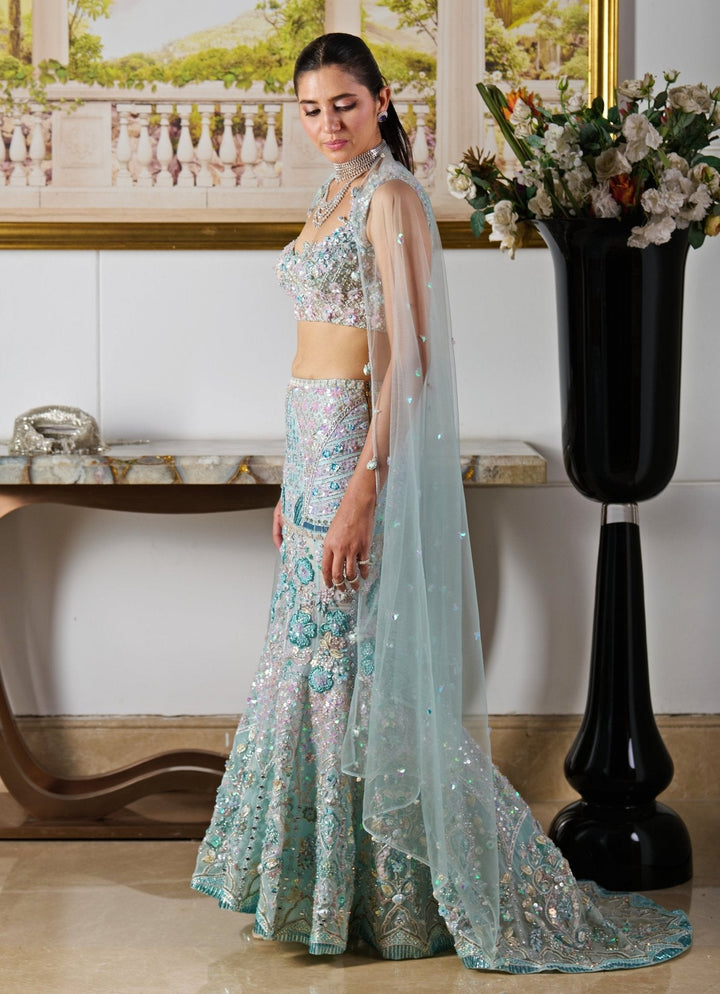 Blue Floral Embroidered Mermaid Lehenga Moledro - Fabilicious Fashion