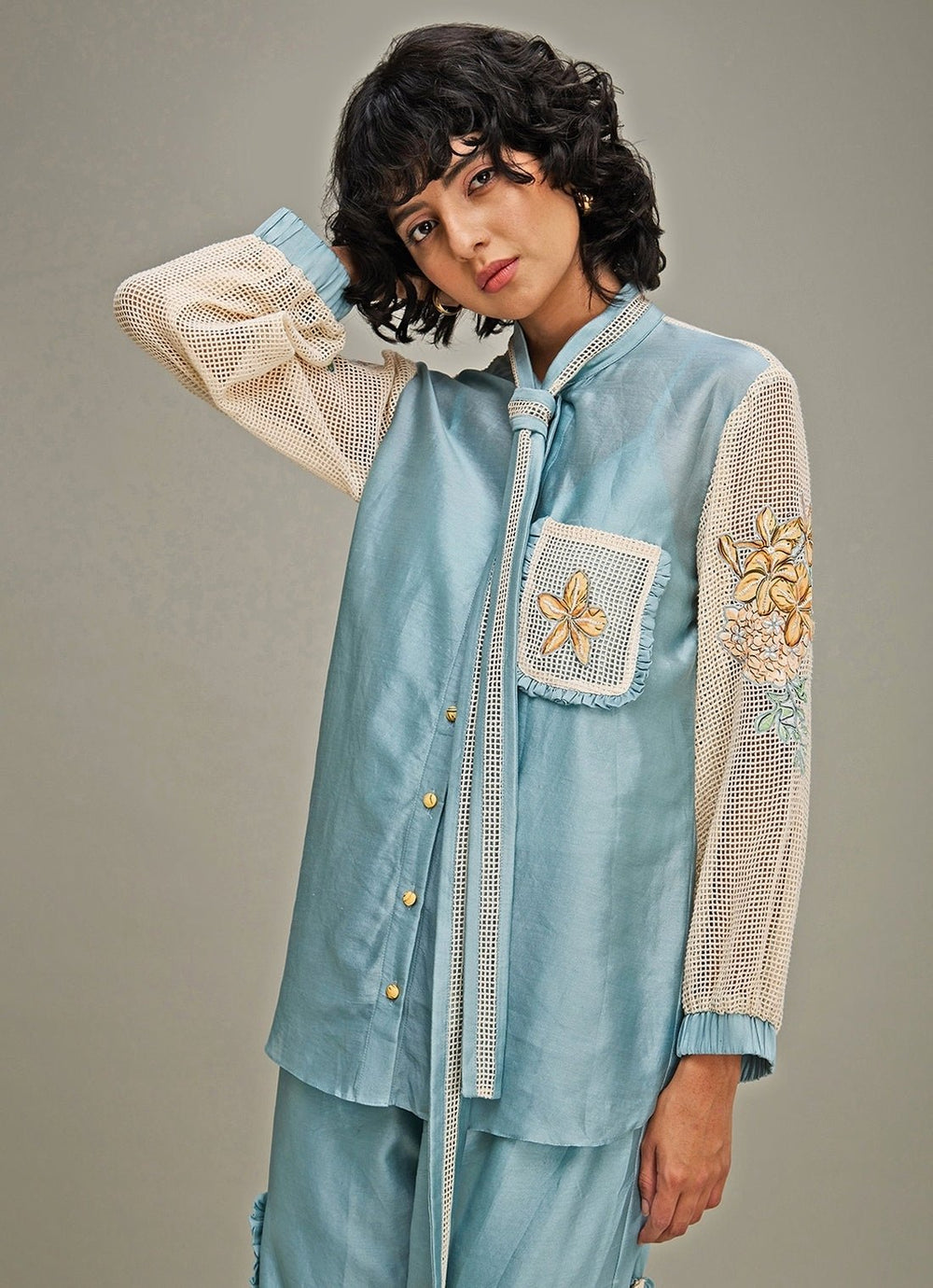 Blue Floral Embroidery Floral Shirt And Pant Set Soup By Sougat Paul - Fabilicious Fashion