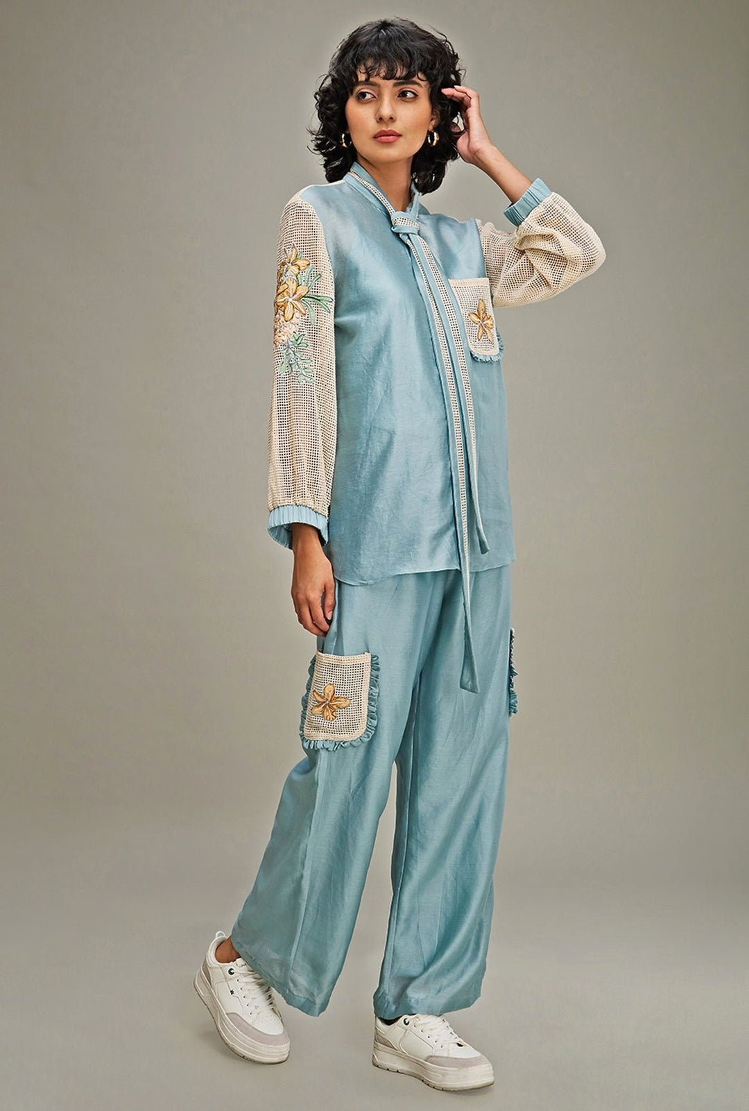 Blue Floral Embroidery Floral Shirt And Pant Set Soup By Sougat Paul - Fabilicious Fashion
