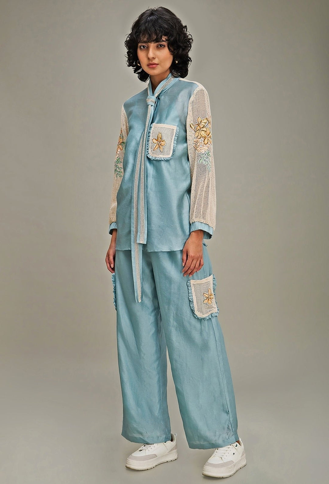 Blue Floral Embroidery Floral Shirt And Pant Set Soup By Sougat Paul - Fabilicious Fashion