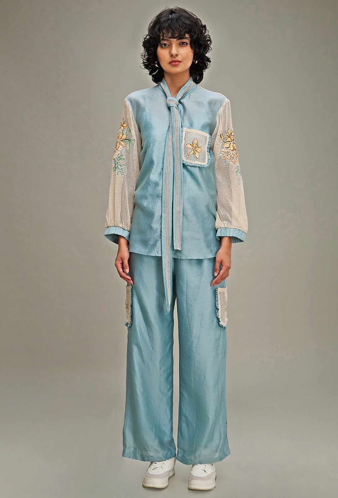Blue Floral Embroidery Floral Shirt And Pant Set Soup By Sougat Paul - Fabilicious Fashion