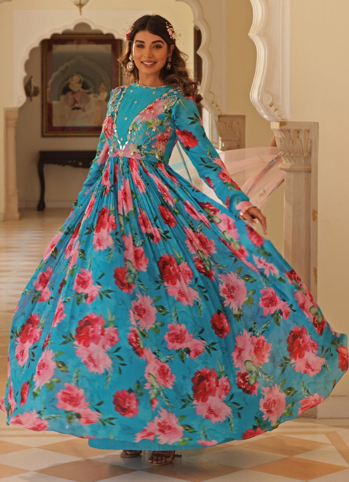 Blue Floral Print Chiffon Anarkali Manisha Soni - Fabilicious Fashion