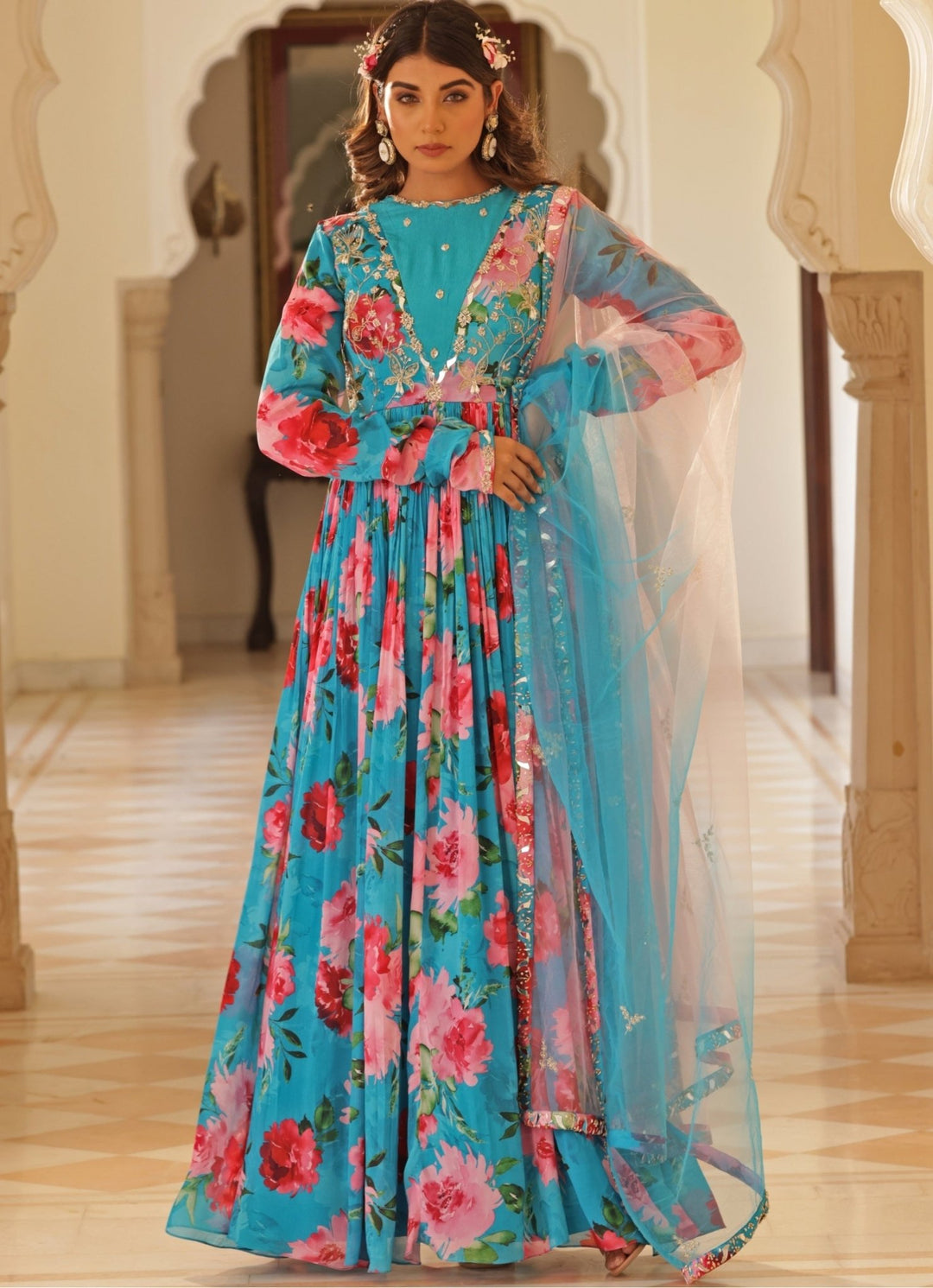 Blue Floral Print Chiffon Anarkali Manisha Soni - Fabilicious Fashion