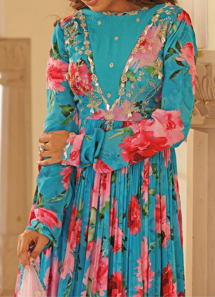 Blue Floral Print Chiffon Anarkali Manisha Soni - Fabilicious Fashion