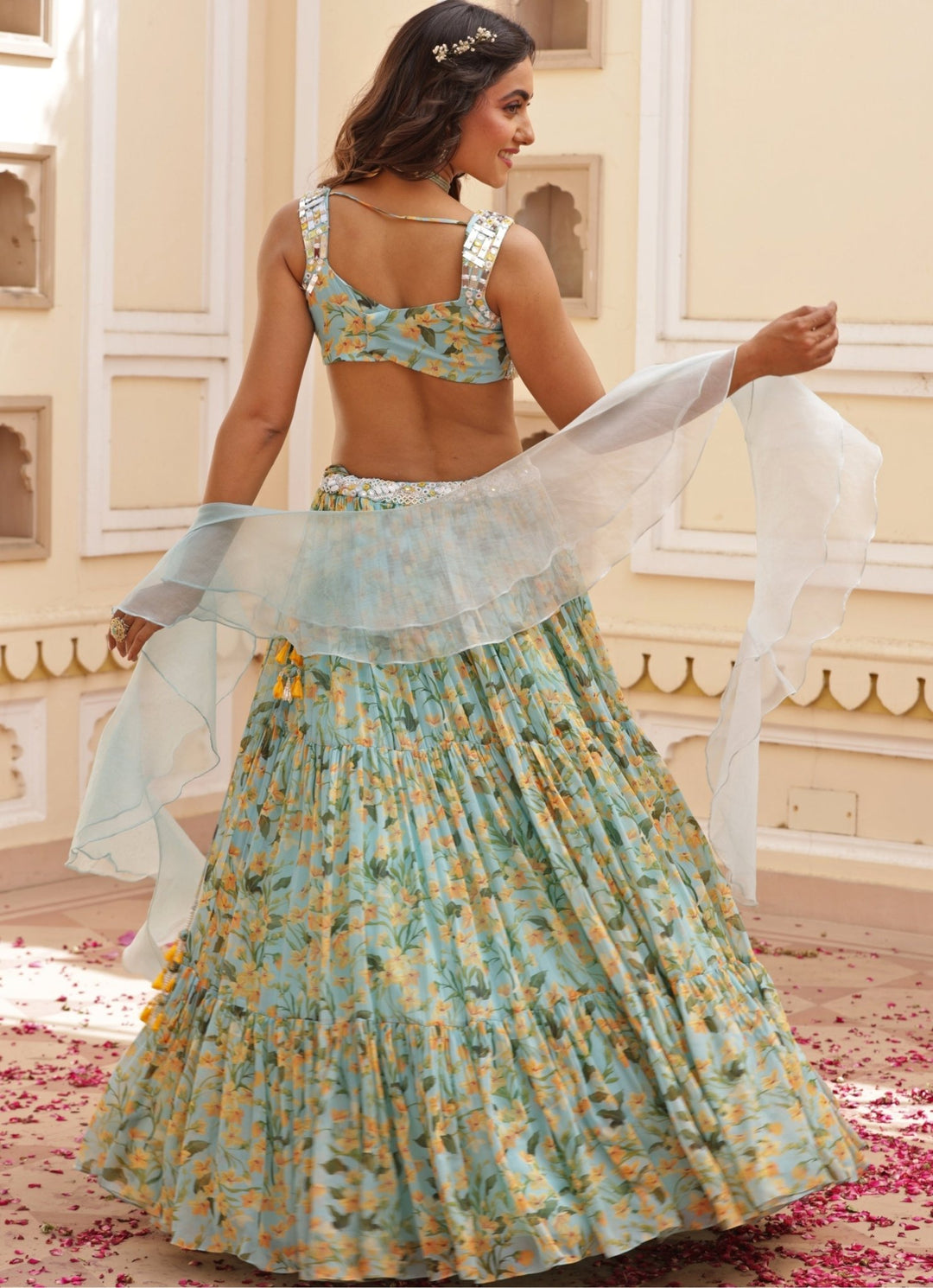 Blue Floral Print Chiffon Lehenga With Embroidered Blouse Manisha Soni - Fabilicious Fashion