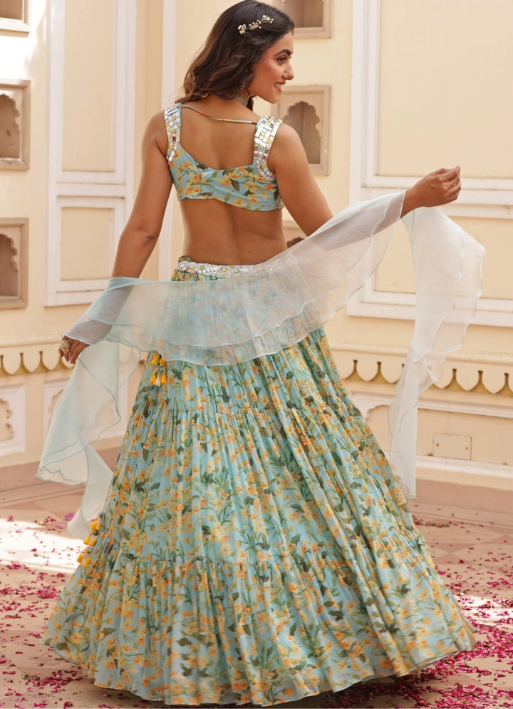 Blue Floral Print Chiffon Lehenga With Embroidered Blouse Manisha Soni - Fabilicious Fashion