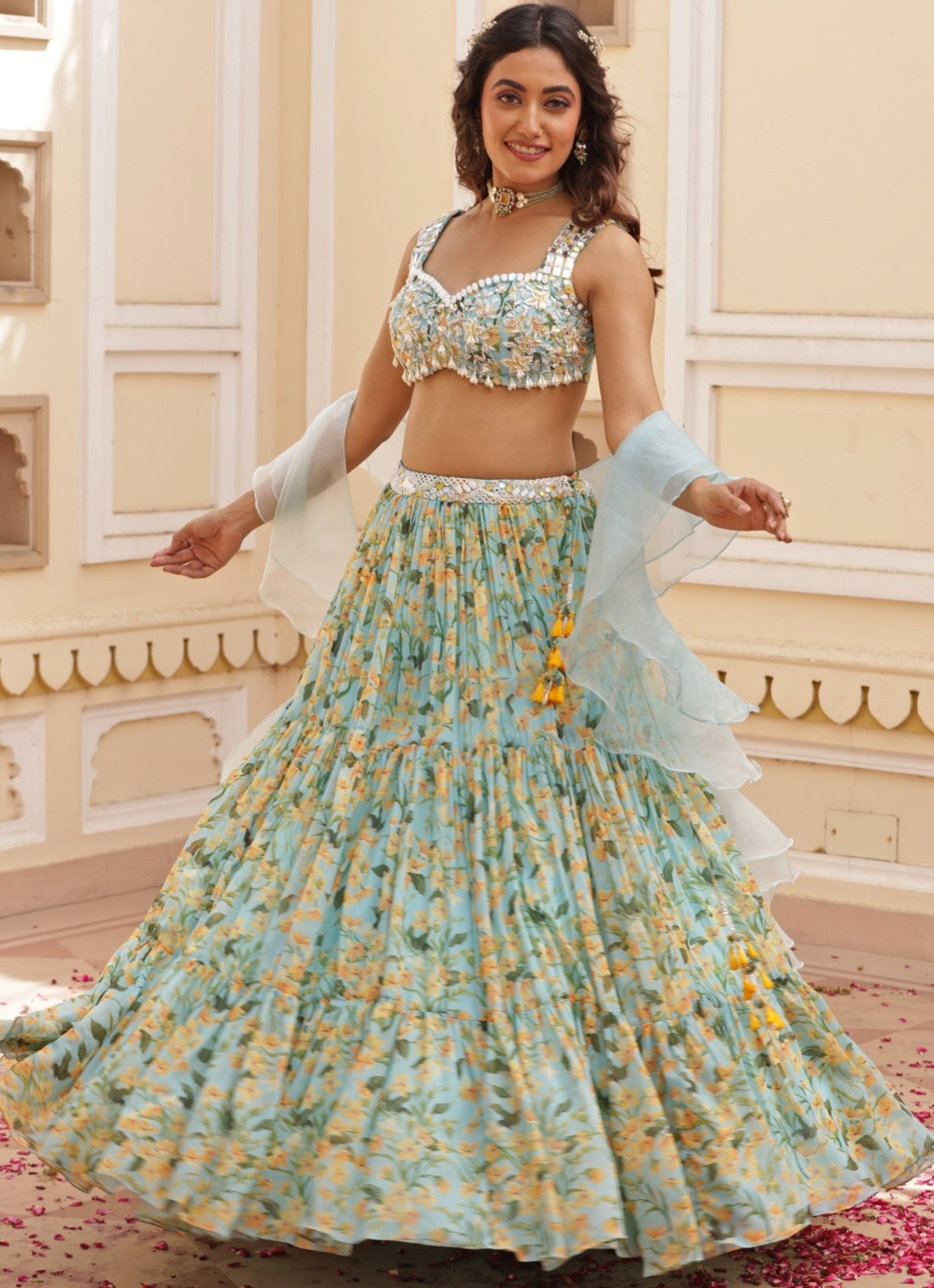 Blue Floral Print Chiffon Lehenga With Embroidered Blouse Manisha Soni - Fabilicious Fashion