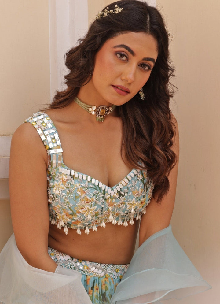 Blue Floral Print Chiffon Lehenga With Embroidered Blouse Manisha Soni - Fabilicious Fashion
