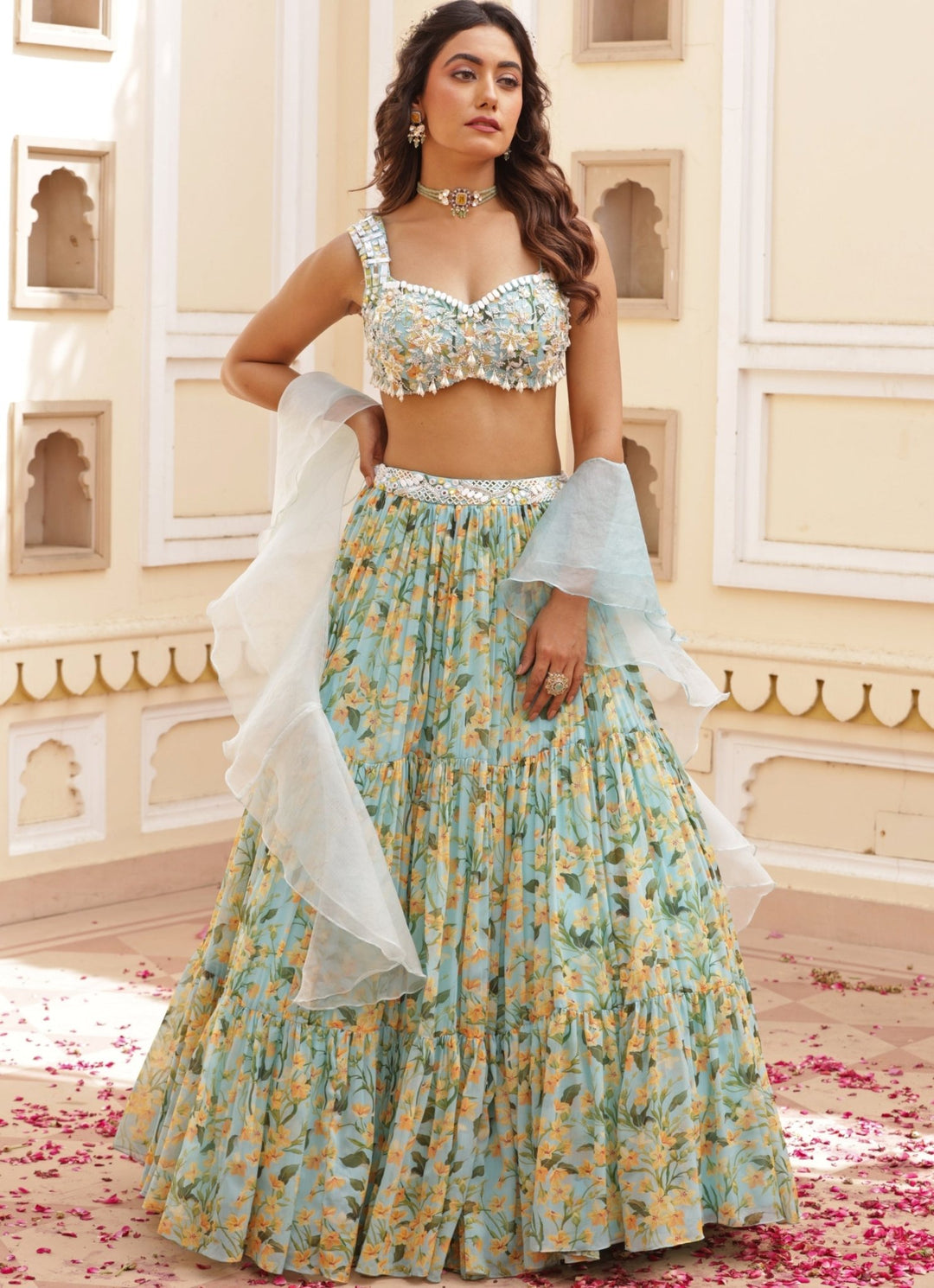 Blue Floral Print Chiffon Lehenga With Embroidered Blouse Manisha Soni - Fabilicious Fashion