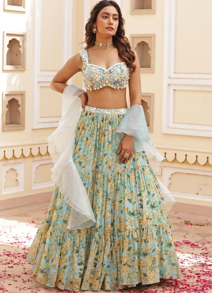 Blue Floral Print Chiffon Lehenga With Embroidered Blouse Manisha Soni - Fabilicious Fashion