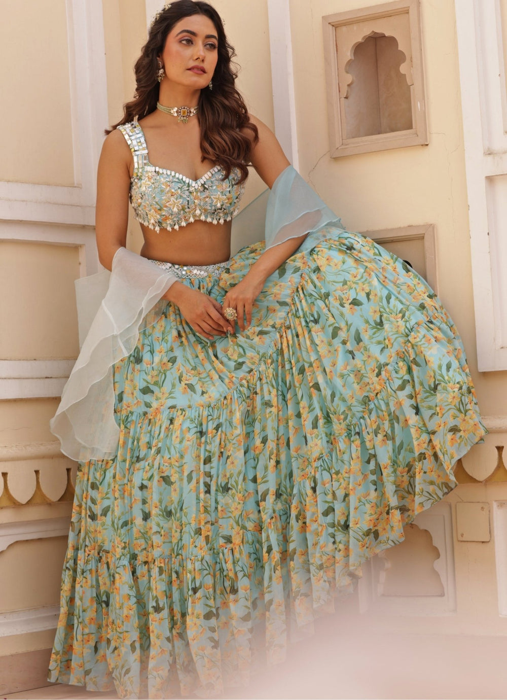 Blue Floral Print Chiffon Lehenga With Embroidered Blouse Manisha Soni - Fabilicious Fashion