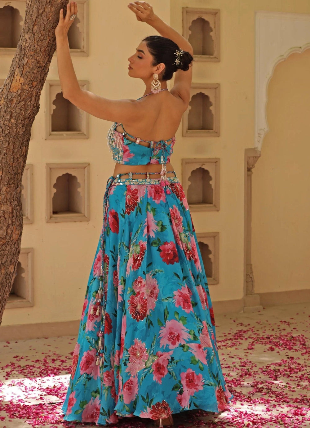 Blue Floral Print Chiffon Lehenga With Halter Neck Blouse Manisha Soni - Fabilicious Fashion
