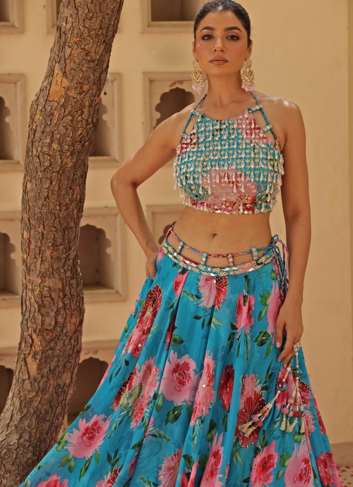 Blue Floral Print Chiffon Lehenga With Halter Neck Blouse Manisha Soni - Fabilicious Fashion
