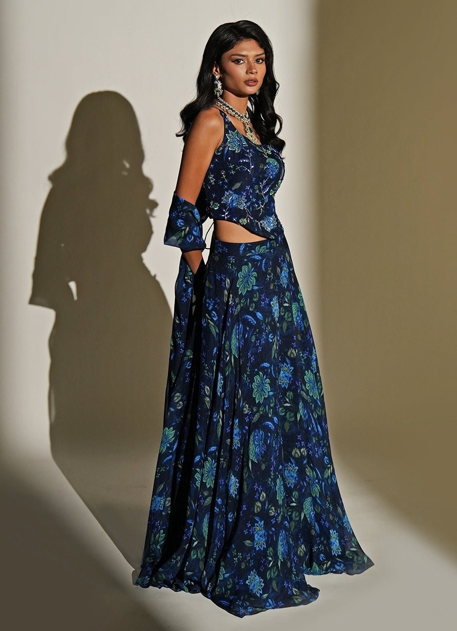 Blue Floral Printed Organza Corset Lehenga Set Kiyohra - Fabilicious Fashion