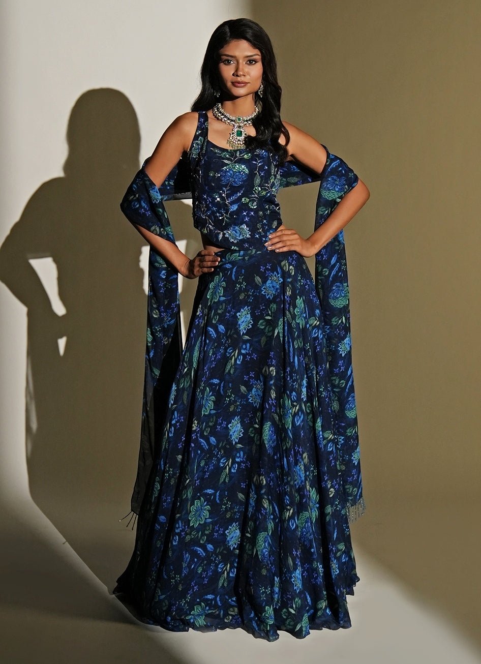Blue Floral Printed Organza Corset Lehenga Set Kiyohra - Fabilicious Fashion
