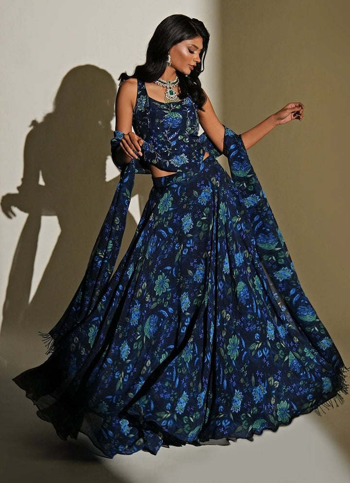 Blue Floral Printed Organza Corset Lehenga Set Kiyohra - Fabilicious Fashion