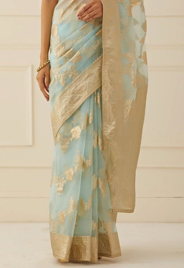 Blue Floral Zari Work Organza Saree Geroo Jaipur - Fabilicious Fashion