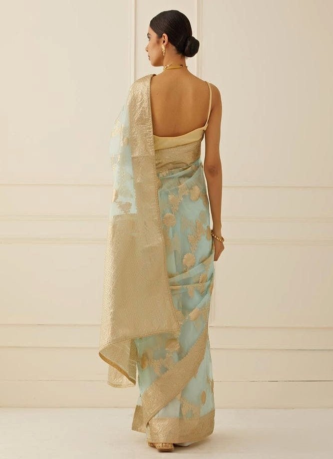 Blue Floral Zari Work Organza Saree Geroo Jaipur - Fabilicious Fashion