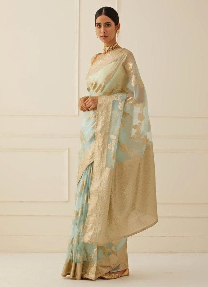 Blue Floral Zari Work Organza Saree Geroo Jaipur - Fabilicious Fashion