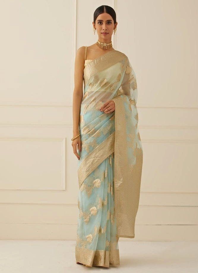 Blue Floral Zari Work Organza Saree by Geroo Jaipur — softly structured saree